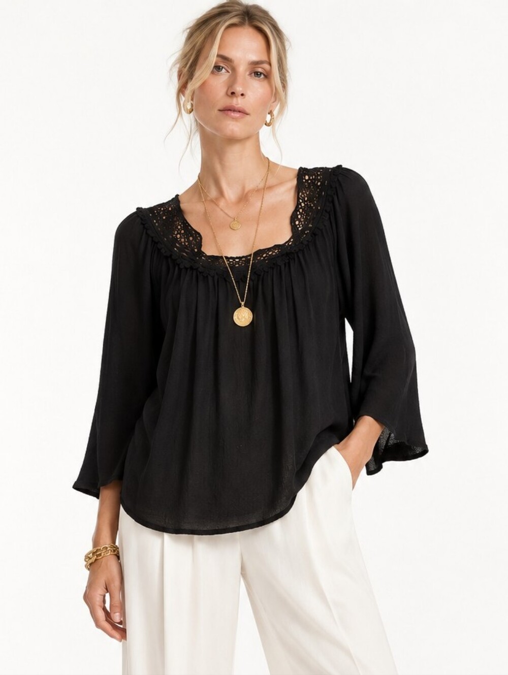 Anthropologie black crochet trim crop top Staring at Stars